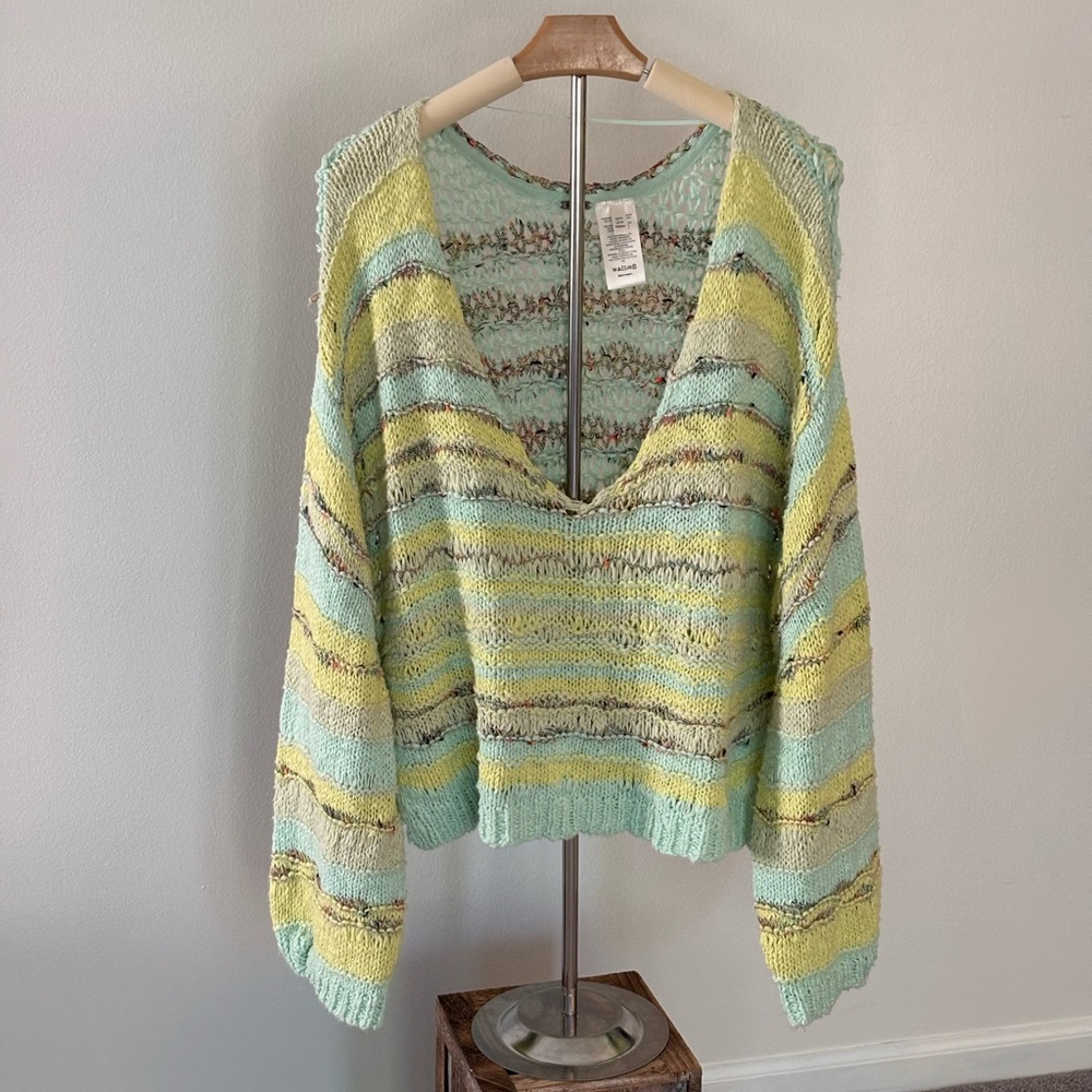 Free People V-Neck Sweater Green and Yellow Stripes
